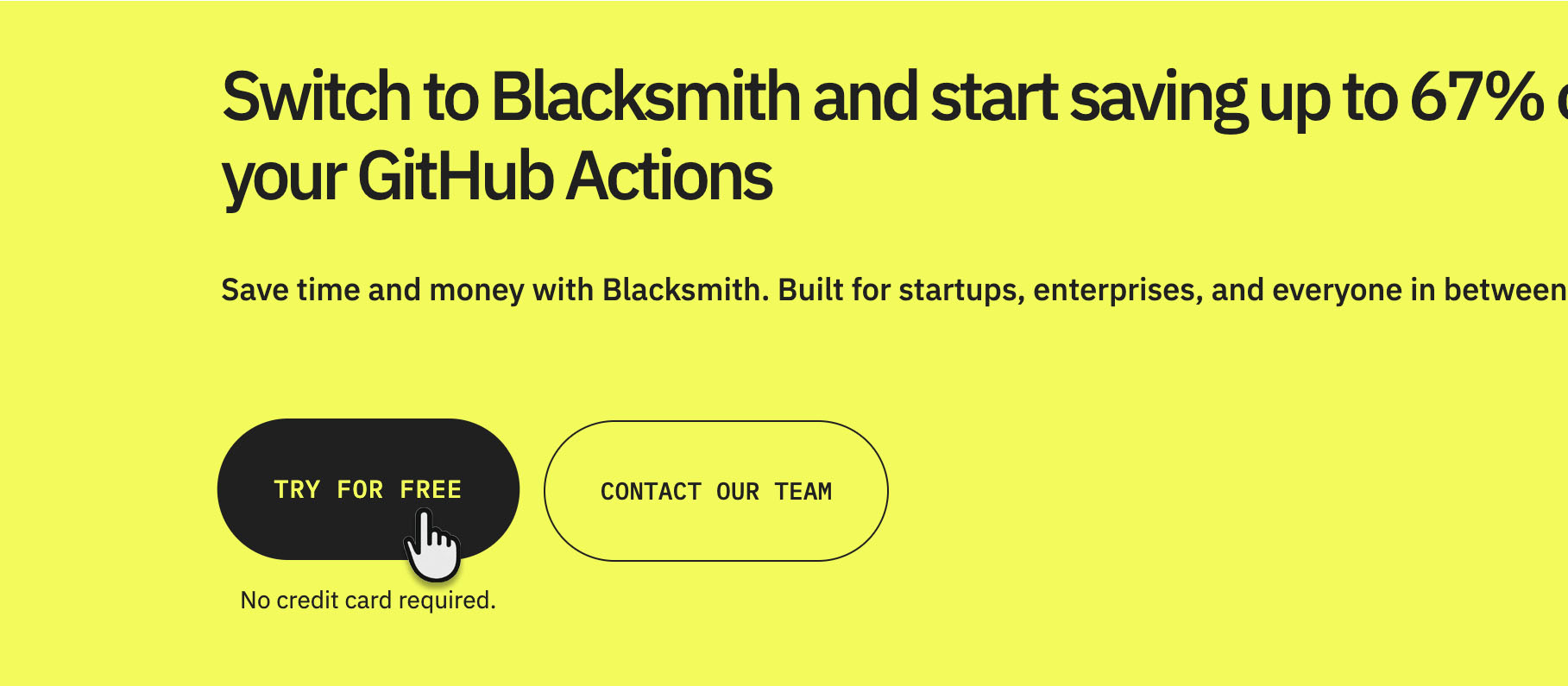 Blacksmith pricing page promoting a free trial with no credit card required.